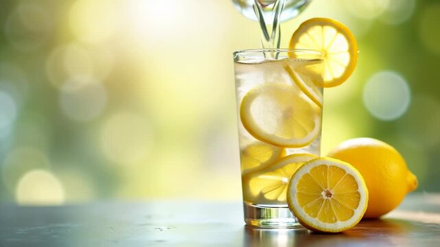 Refreshing glass of sparkling lemon water garnished with fresh lemon slices next to whole and halved lemons on wooden table, concept of healthy hydration, detox drink, summer refreshment