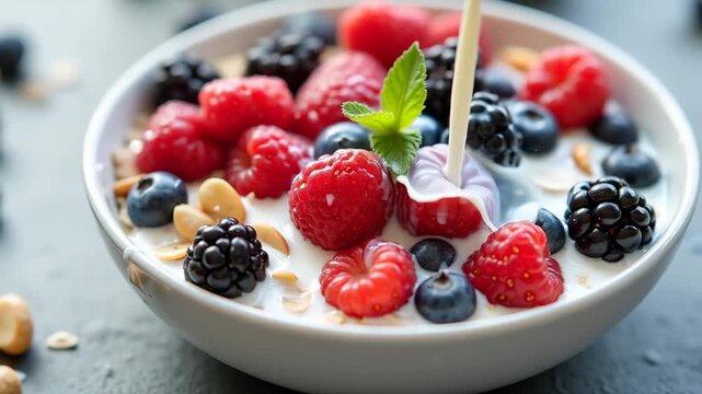 Healthy breakfast bowl with oats berries and nuts, vivid colors, sharp textures, balanced positive wellness mood