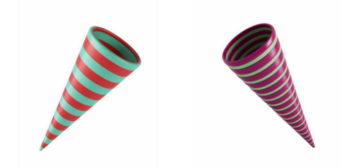 Two colorful striped party celebration horns featuring red mint and magenta green designs on transparent background