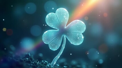 Glowing turquoise glass four leaf clover emerging from dark soil with subtle rainbow arc and sparkling bokeh lights, concept of st patricks day, luck celebration, fantasy greeting cards