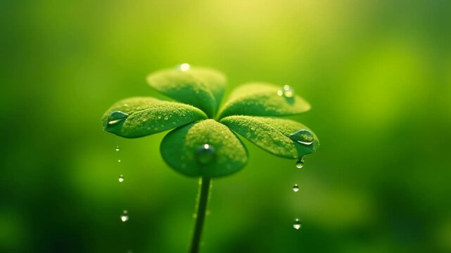White four leaf clover glistening with dew drops, delicate green plant in lush meadow setting, concept of st patricks day, luck celebration, nature wellness