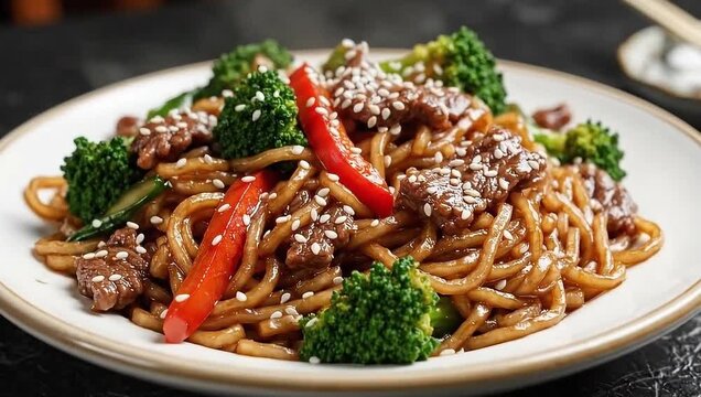 Delicious beef and broccoli stir fry noodles with sesame seeds on white plate