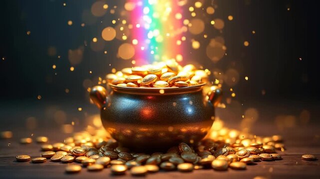 Pot of gold overflowing with shiny coins under a bright rainbow, magical treasure at the end of the rainbow, concept of wealth, good luck, st patrick's day