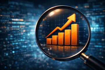 Magnifying Glass Analyzing Glowing Orange Financial Bar Chart with Upward Arrow on Dark Blue Digital Background