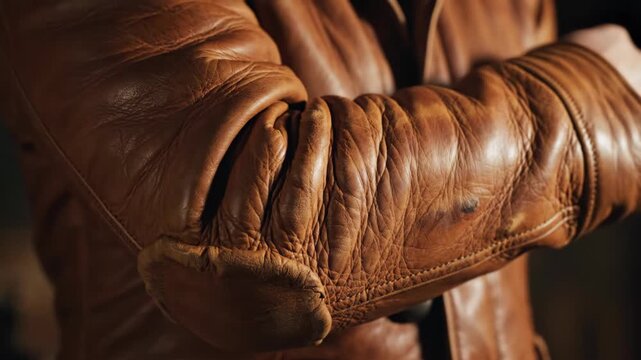 Close-up of a worn brown leather jacket sleeve. Detailed texture of creases and wrinkles on the material. Vintage fashion and quality craftsmanship concept.