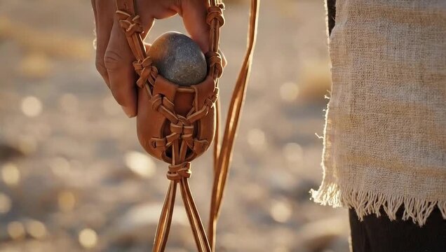 Closeup of hand holding stone in leather sling pouch against desert background, biblical or historical theme