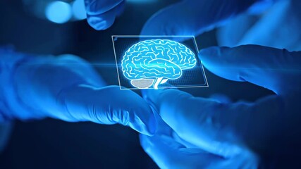 Holographic brain scan held by hands in medical gloves. High-tech concept of neurology, innovation, and diagnostics - Powered by Adobe
