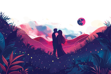Couple Sharing a Kiss under star sky isolated illustration