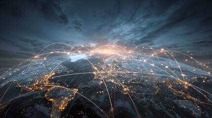 cyber network concept featuring virtual world map media links digital technology internet security and business networking system