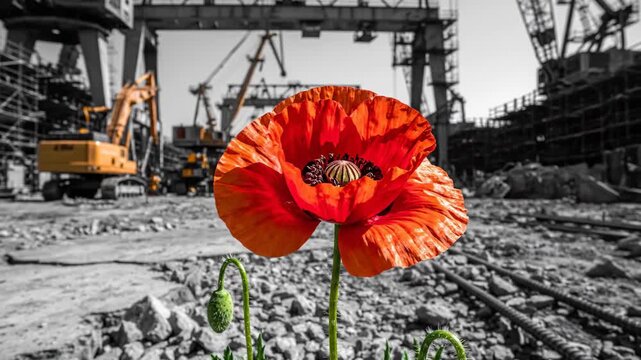 A single red poppy flower blooming in time-lapse against a black and white industrial background. Selective color video showing the contrast between nature and industry. A symbol of hope, life, and re