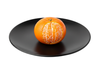 Partially Peeled Orange on Black Plate, Against White Background