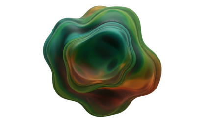 Abstract organic shape with fluid, layered texture in shades of green, teal, and earthy brown, 3d rendering of a blob or cell structure isolated on transparent background