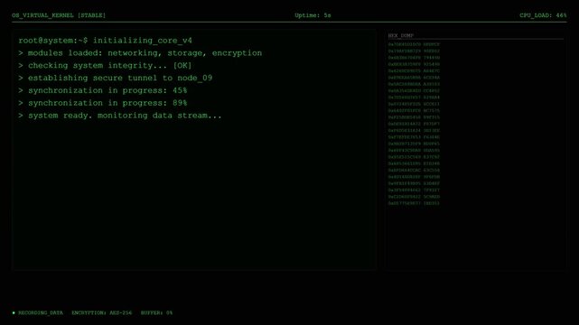 Futuristic System Boot Sequence Animation &ndash; Green Tech Terminal UI Loading Screen.	