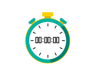 A stopwatch with teal and yellow accents displaying zero hours, minutes, and seconds on a white background