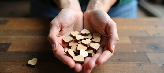 Natural light shines on cupped hands offering a pile of wooden heart tokens over a weathered oak tabletop, shallow depth of field.