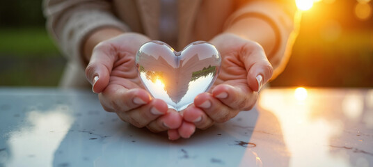 Close-up of hands gently holding a translucent glass heart on white marble, glowing in warm golden hour light with soft bokeh.  