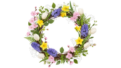 Beautiful spring flower wreath with tulips, hyacinths, and daffodils on a pure transparent background, perfect for easter and springtime decorations