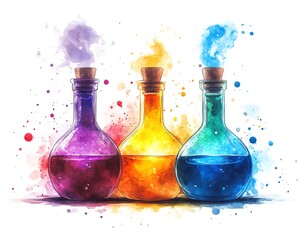 Colorful potions and flasks in watercolor style Science, alchemy, experiment concept