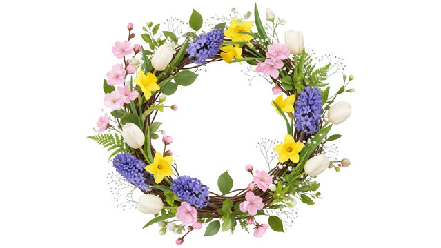 Beautiful spring flower wreath with tulips, hyacinths, and daffodils on a pure transparent background, perfect for easter and springtime decorations