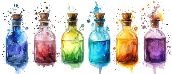 Colorful watercolor potion bottles, fantasy, magic, alchemy