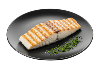 Grilled White Fish Fillet on Black Plate, Healthy Meal