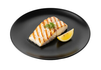 Grilled Cod Fillet on Black Plate with Lemon Wedge