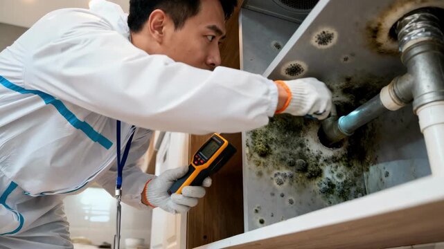 Professional inspects kitchen cabinets and ventilation systems for mold contamination focusing on identifying mold spores and water leak sources in the home.