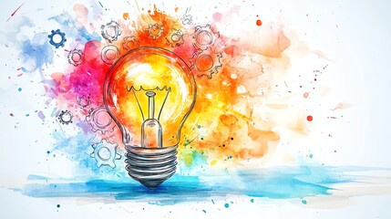 Conceptual light bulb with artistic gears and inspiration icons, watercolor clipart style, isolated background, representing smart and innovative ideas