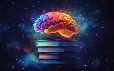 Cosmic Colorful brain on books, knowledge, learning, creativity