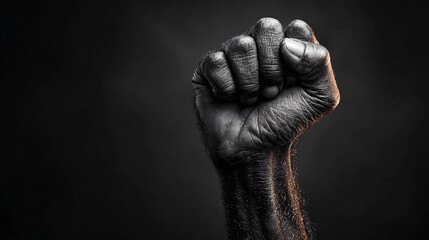 Closed fist raised against dark background showing strength and unity