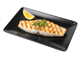 Grilled Fish Fillet with Lemon on Black Plate, Isolated