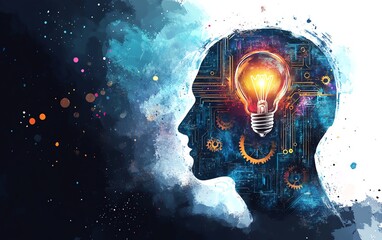 Digital mind clipart with watercolor texture, gears and circuitry inside a head, idea bulb glowing above, isolated background for innovation theme