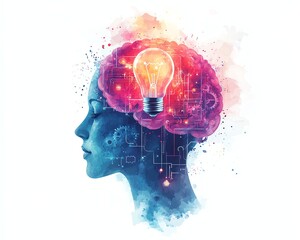 Digital mind illustration with circuits, gears inside a human head, light bulb floating above for ideas, watercolor clipart, isolated white background