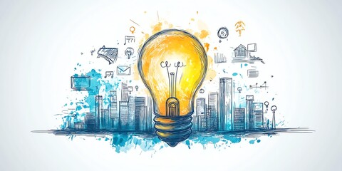 Handdrawn business concept illustration with central light bulb, surrounding buildings and business icons, white background, symbolizing innovation and growth
