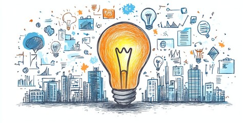 Handdrawn business concept illustration with central light bulb, surrounding buildings and business icons, white background, symbolizing innovation and growth