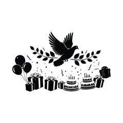 Fototapeta premium Black Silhouette Bird Flying Over Gift Boxes And Birthday Cakes With Falling Leaves