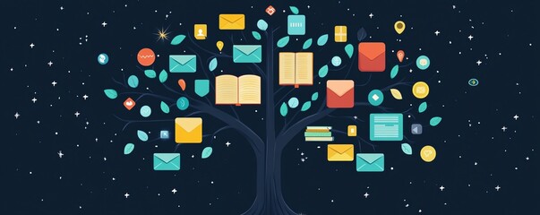 Knowledge tree with books, envelopes, and icons