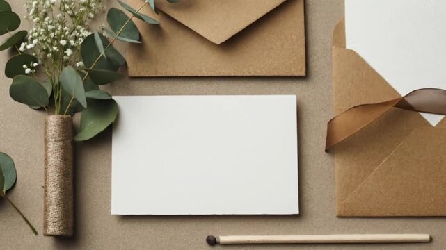 An elegantly composed flat lay features various stationery elements on a textured beige surface, creating a sophisticated and inviting scene. A blank white greeting card sits centrally, offering ample