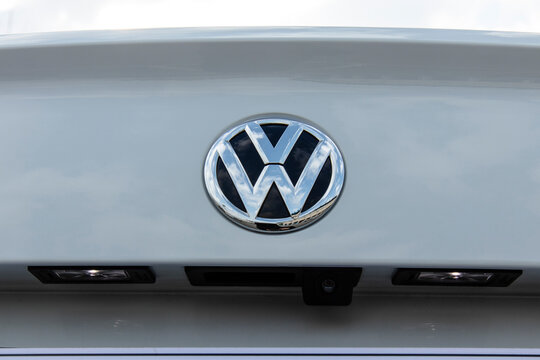 January 31, 2021, Seoul, South Korea - The Volkswagen logo and rear view camera on the trunk of a Jetta sedan.