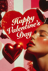 Happy Valentine's Day Kiss Vector Illustration Red Heart Lips Woman Romantic Greeting Card Poster Background Passion Love Celebration Graphic Template Download Stock Art Sensual Design Festive Emotion