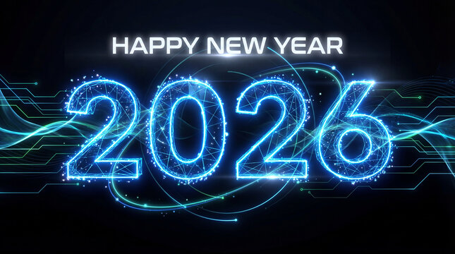 Happy New Year 2026 futuristic digital greeting with glowing blue numbers, neon technology lines and network effects, modern innovation, cyber celebration background - Powered by Adobe