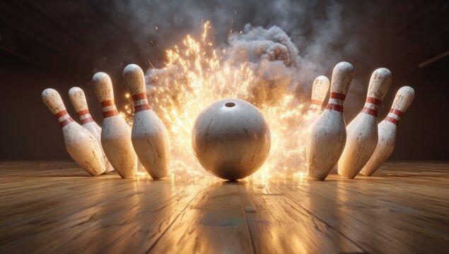 A bowling ball collides with pins, creating a fiery explosion amidst a wooden alley - Powered by Adobe
