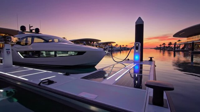 An electric yacht charges at a futuristic marina dock with solar panels. Sustainable marine technology and the future of boating. Cinematic pull-back shot at sunset.