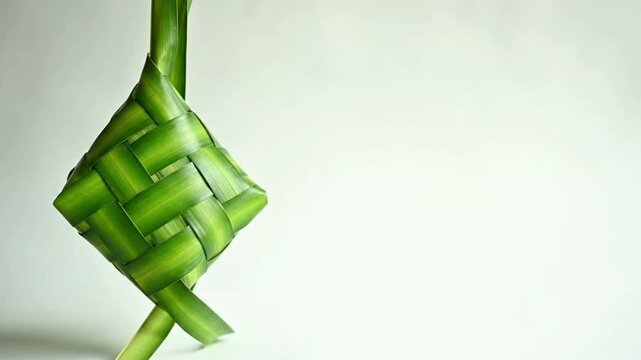 Woven green leaves on white background with copy space