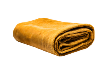 A rolled up yellow blanket on a black background with a transparent background