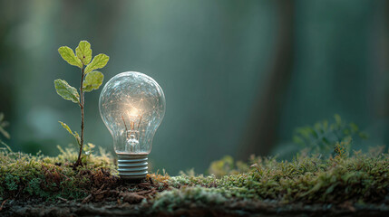 green energy sustainability concept with light bulb and plant growing in forest background life nature digital technology agriculture and smart farming