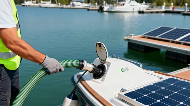 Medium shot of a worker connecting eco fuel hoses to a small boat highlighting sustainable refueling solutions for marine vessels.