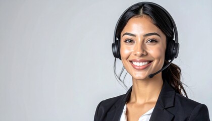 Professional and approachable young woman, a customer service agent, wearing a headset with a microphone, smiling confidently for a minimalist studio portrait on a neutral background