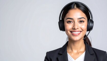 Minimalist portrait of a friendly and professional customer service agent, a smiling woman wearing a headset, ready to assist and provide excellent support