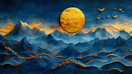 Golden Deer and Birds with Blue Waves and Mountains Modern 3D Art Mural Wallpaper - Dark Blue and Gold Artistic Background